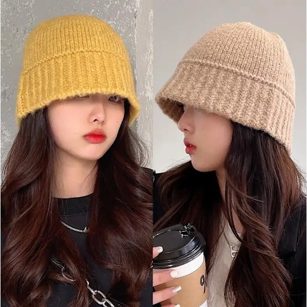 Varm fiskehatt ull plysch stickad mössa hatt linjer Beige one size