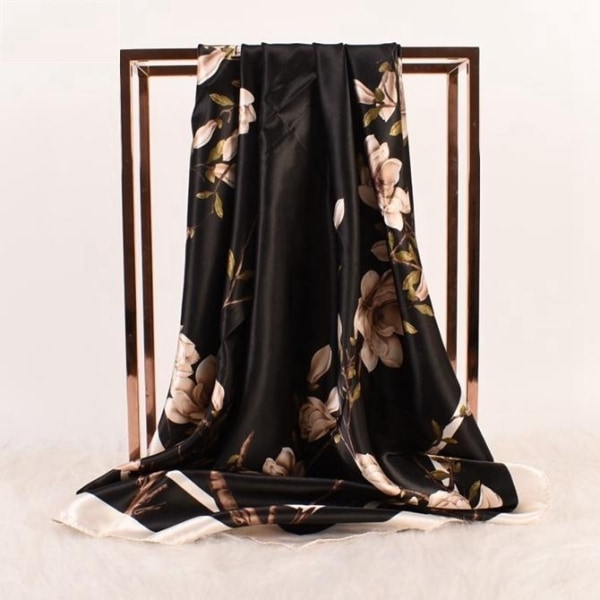 Tørklæde i kunstsilke smukke blomster og skønt mønster Black one size