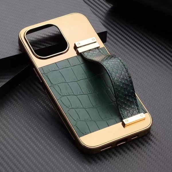 iPhone 13 Pro deksel vegansk skinn med stropp for godt grep gull Green one size