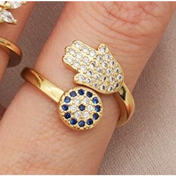 Smuk ring med nazar & hamsa hånd, onde øjne guld justerbar Gold