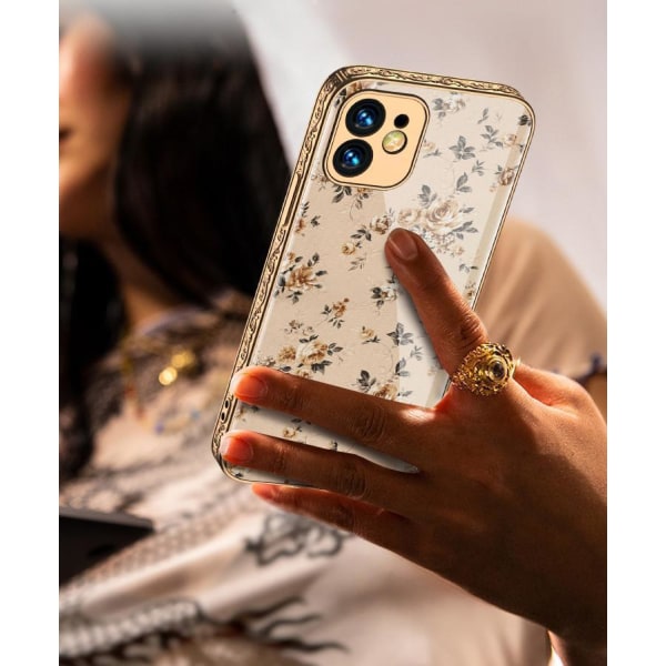 iPhone 12 Pro lyxigt glas-skal mönster guld barock fjäder blomma White one size