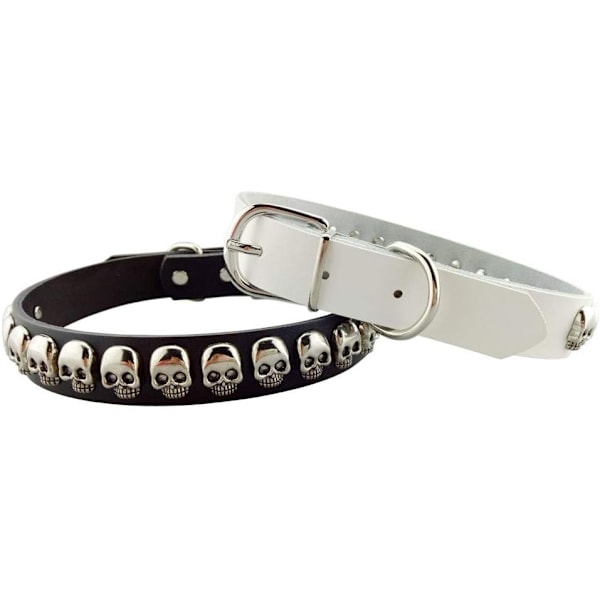 Coolt halsband med döskallar till hund i svart & vit läkta läder Black L