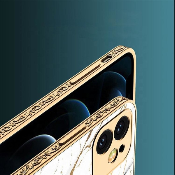 iPhone 12 Pro Max luksus glas etui guld marmor mønster sort hvid White one size