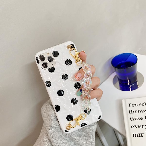 iPhone 12 & 12 Pro Skal prickigt svart vit med vristband Vit one size