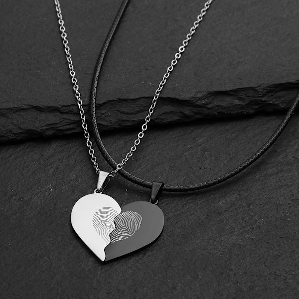 Split heart with fingerprint friendship necklace unique hearts come together Black one size
