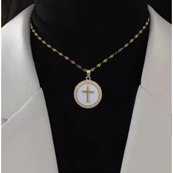 White circle necklace with cross in rhinestones and enamel Gold one size