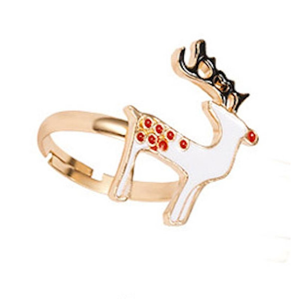 Beautiful funny ring white reindeer with red spots Gold