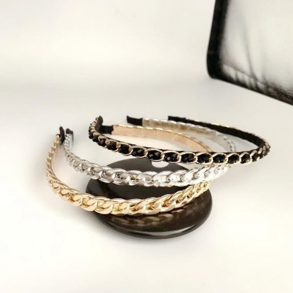 Håndlavet Luksuriøs diadem med kæde i sort, guld eller sølv Black one size