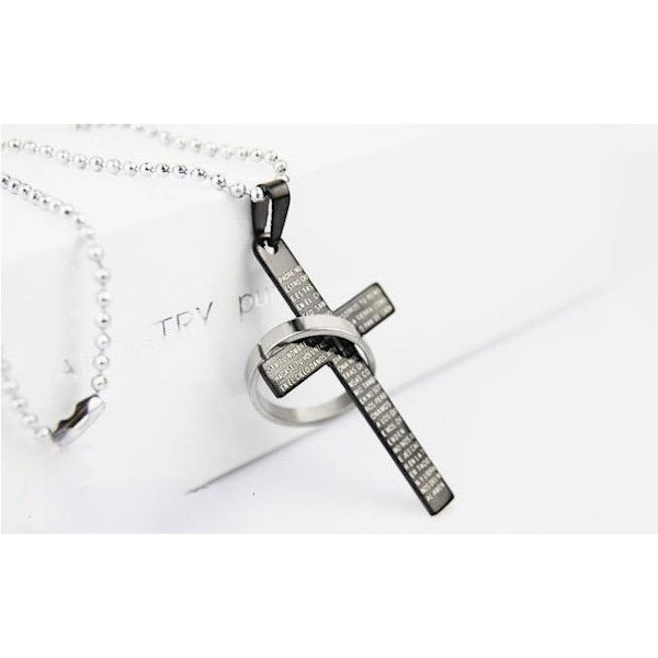 Christian cross in steel with ring in black, gold and silver Black one size