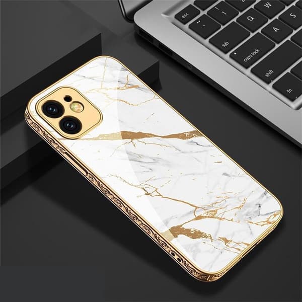 iPhone 13 Pro Max Luksus glas etui guld marmor mønster sort hvid Gold one size