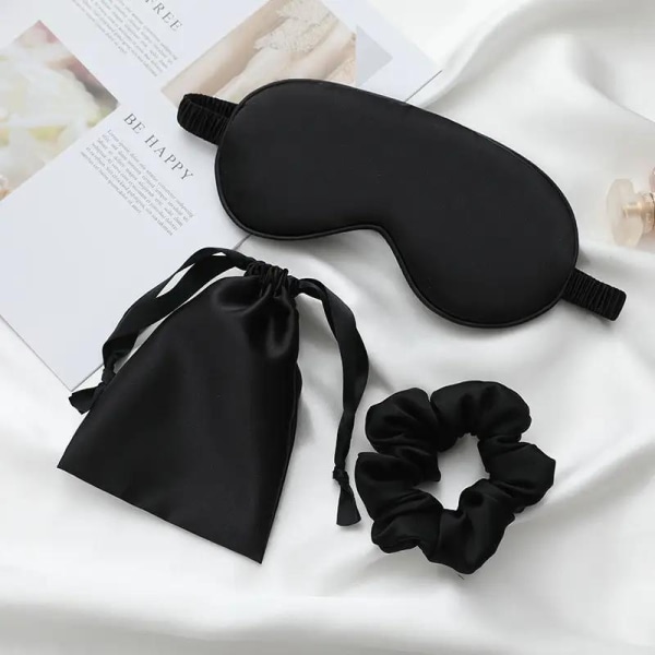 Sömnmask + scrunchie + resepåse set silke sömn lyxigt Svart one size