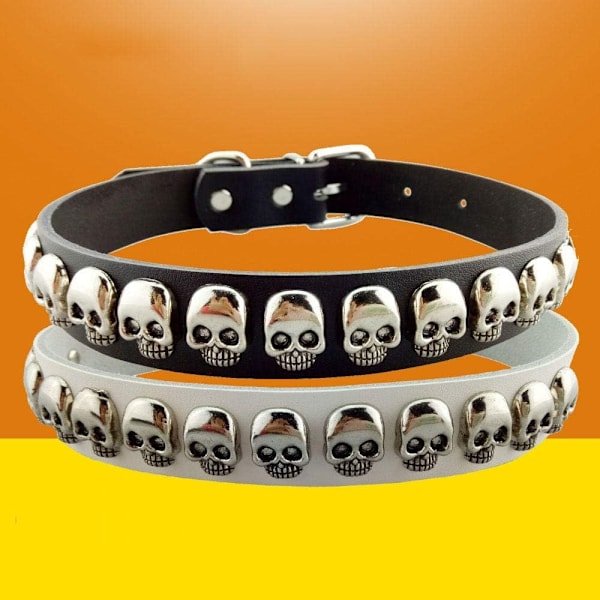 Coolt halsband med döskallar till hund i svart & vit läkta läder Black L