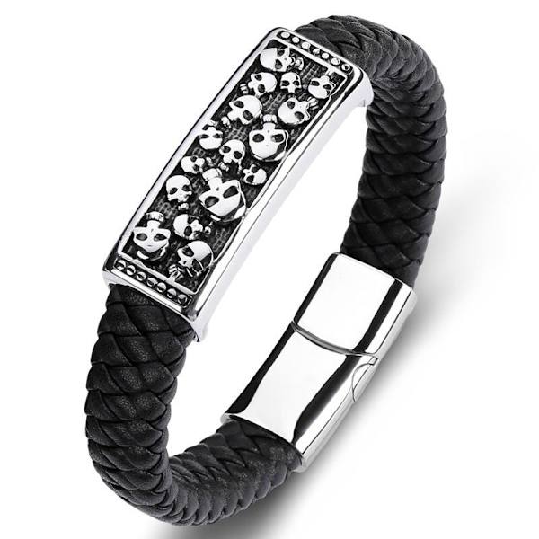 Handgjort flätat armband äkta läder platta m många små döskallar Black one size