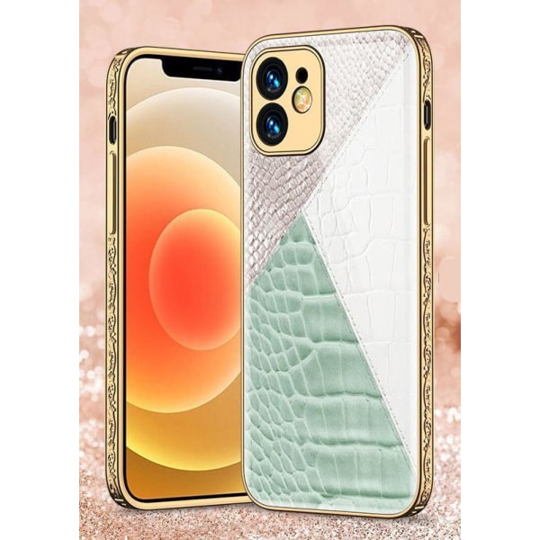 iPhone 12 Pro luksus glas case mønster guldbarok læder blå hvid White one size