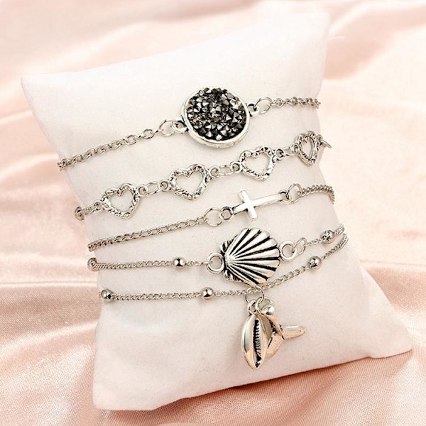 Set á 5 stk silverpläterade armband med snäckor, hjärtan, stenar Silver one size