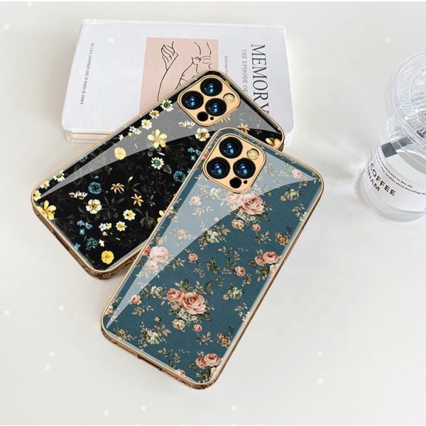iPhone 12 Pro Max luksus glas case mønster guld barok fjer blomst White one size