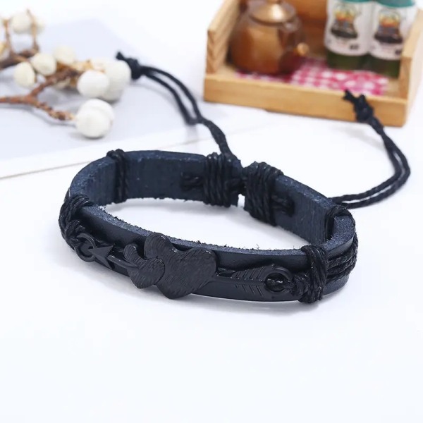 Genuine Leather Adjustable Black Double Heart Bracelet Gift For Men Black one size