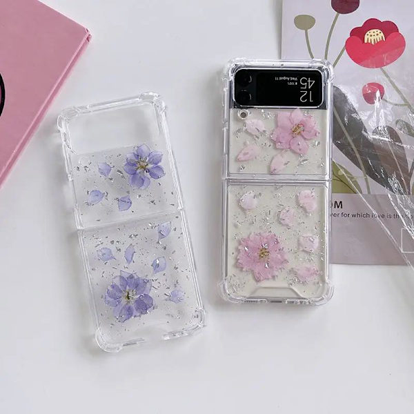 Samsung Galaxy Z FLIP 3 - läpinäkyvä kuori, jossa kuivattuja kukkia ja glitteriä Pink one size