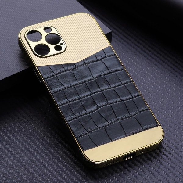 iPhone 13, Pro &amp; Max elektropläterat skal med veganskt läder Gold one size