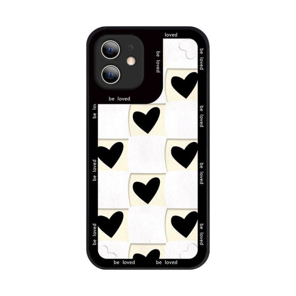 iPhone 13, Pro & Max mjukt skal svart vit schackrutor hjärtan Black one size