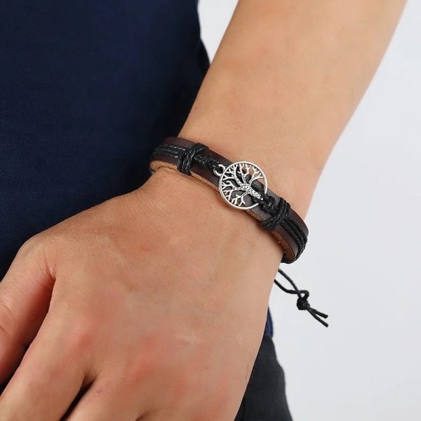 Genuint läder justerbart brunt armband för män - med träd Brun one size