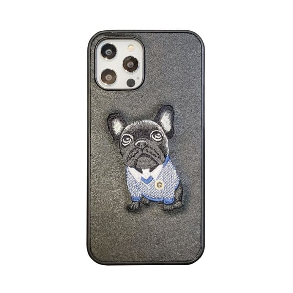 iPhone 12 & 12 Pro etui med broderet mops kunstlæder hund Black one size