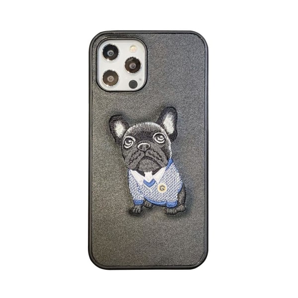 iPhone 12 & 12 Pro Skal med broderad mops konstgjort läder hund Svart one size