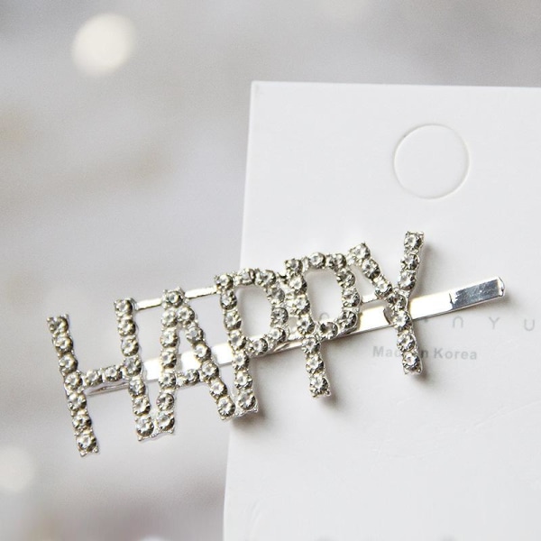 Hårnål med ordet '' Happy '' i rhinestone hårklip Silver one size