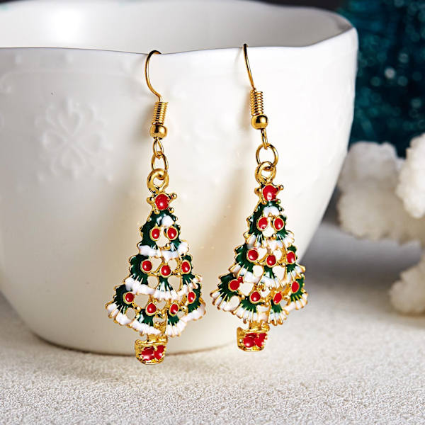 Festive earrings with Christmas tree and red balls with snow Gold one size