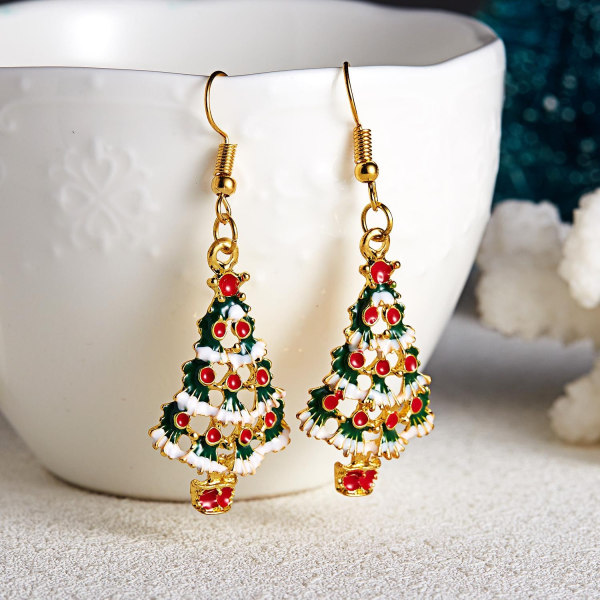 Festlige øreringe med juletræ og røde kugler med sne Gold one size