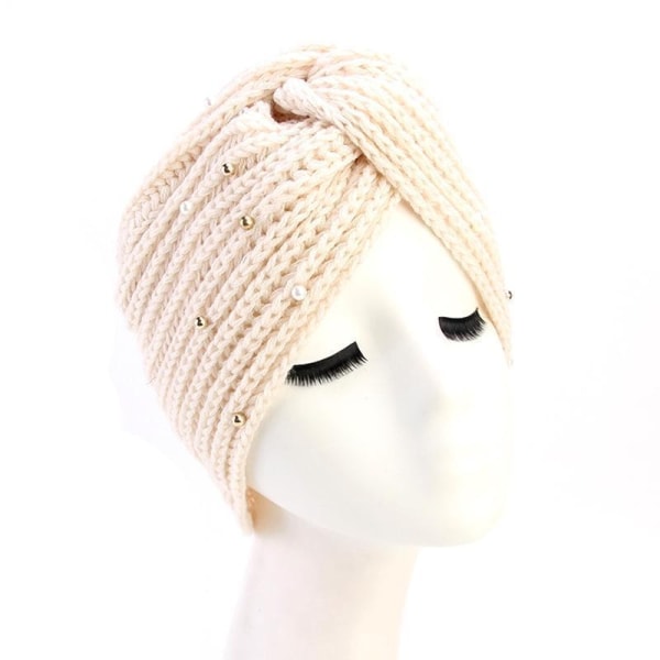 Strikket turban med perler perfekt i vinter efterår flere farver Beige one size