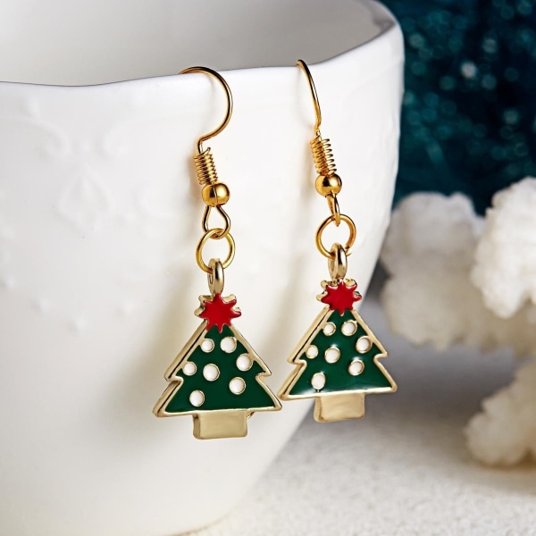 Festlige øreringe med juletræ og røde stjerne hvide kugler Gold one size