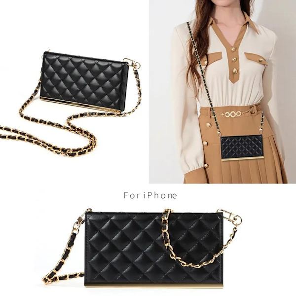 iPhone 14 Pro Max Luxury Crossbody mobilveske - Vendbar lommebok med avtakbart stropp Black