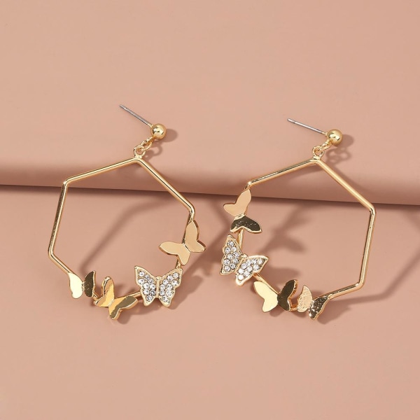 Geometriske øreringe i guld med sommerfugle og rhinestone sekska Gold one size