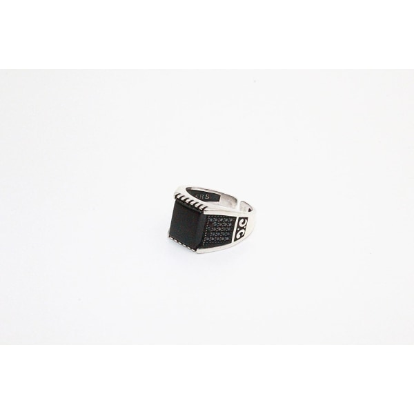 Sterling sølv ring sort firkantet sten orientalsk mønster hælrin Black one size