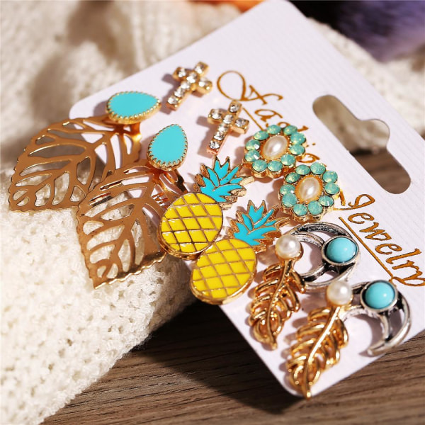 Örhängen set á 6 stk guldpläterade ananas löv kors guld Guld one size
