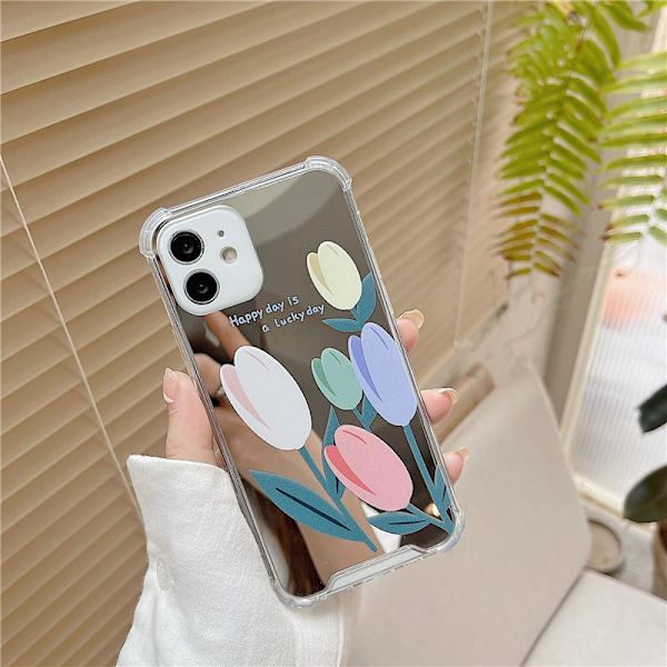 iPhone 13, Pro & Max spejlglas med smukke blomster tulipaner Silver one size