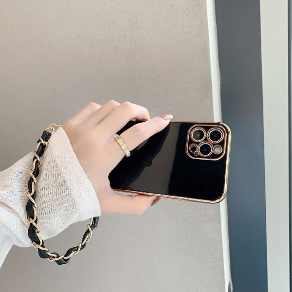 Case Iphone 13, 13 Pro, 13 Pro Max sort højglans med rem guld Black one size