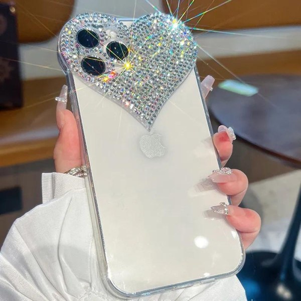 Lyxigt Mobilskal iPhone 14 Pro Max Bling Bling Kristall Diamant Hjärta Genomskinligt Silver