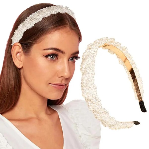 Smukt bredt diadem flettet perlebånd klassisk smukt White one size