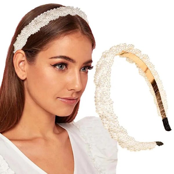 Vakkert bredt tiara flettet perlebånd klassisk vakkert White one size