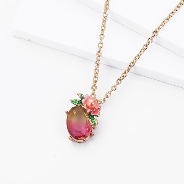 Halskæde med oval sten med blomst og blade med perle Pink one size