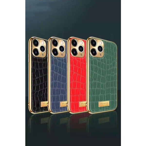 iPhone 12 Pro Max Skal äkta läder krokodilmönster guldpläterad h Red one size