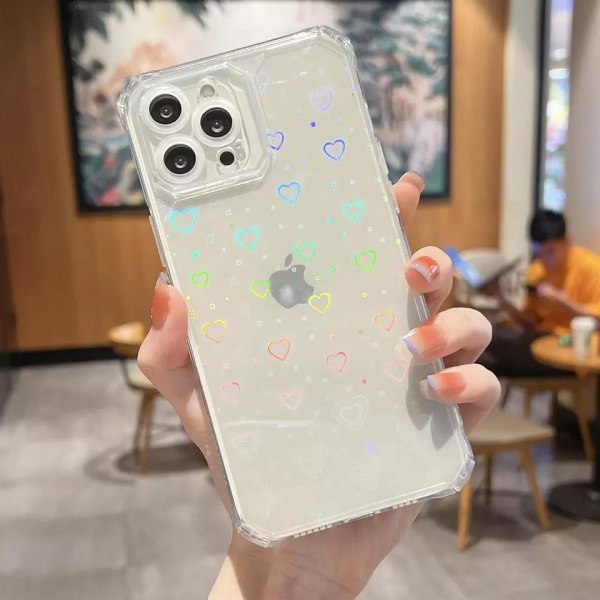 Holografinen kansi iPhone 14 Prolle 3D-sydämillä, läpinäkyvä valkoinen Transparent