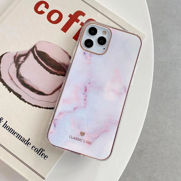 iPhone 12, 12 Pro & 12 Pro Max taske i hvidrosa marmor rosa gulddetaljer Pink one size