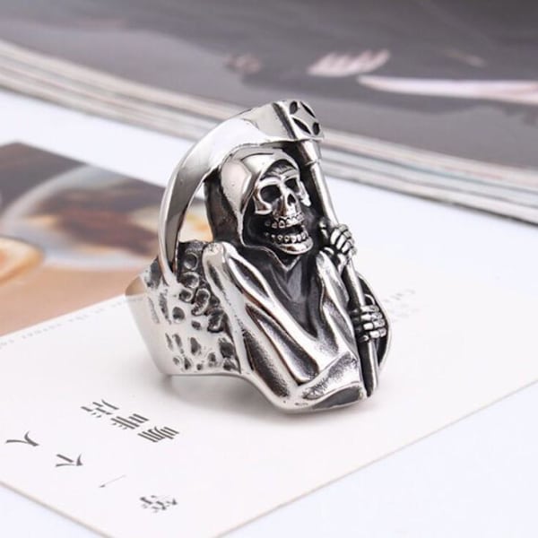 Big ring scythe man in silver death scythe skeleton scary for men Silver one size