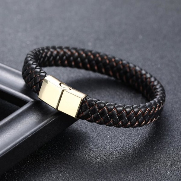 Sort armbånd i ægte læder med flettede farvede tråde og magnet Black one size