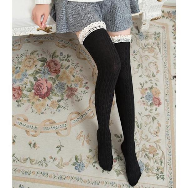 Neulotut sukat stay-ups resori, jossa pitsi musta harmaa valkoinen Black one size