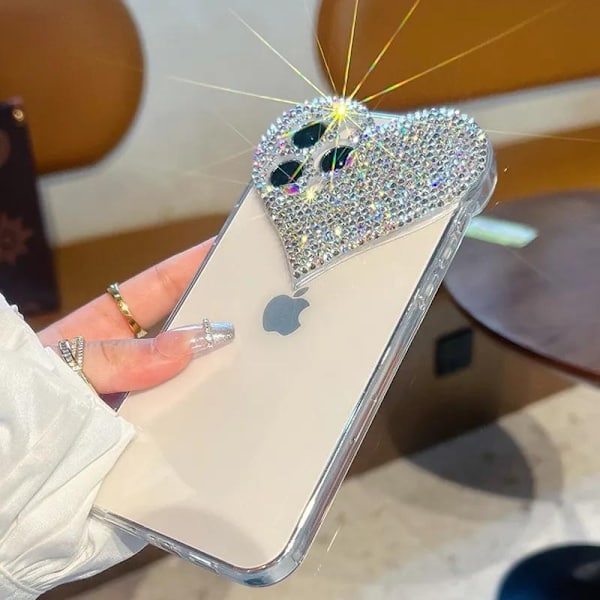 Ylellinen matkapuhelinkotelo iPhone 14 Bling Bling Crystal Diamond Heart läpinäkyvä Silver