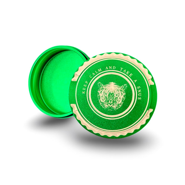 Snusdåse i grøn aluminium med tiger ''behold dig i ro'' gavesnus Green